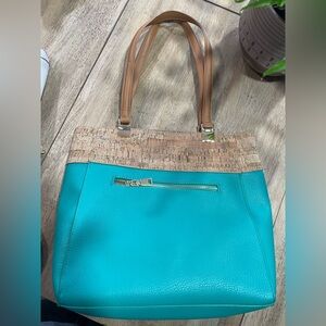 Teal medium sized Mystique purse. Cork and gold accents